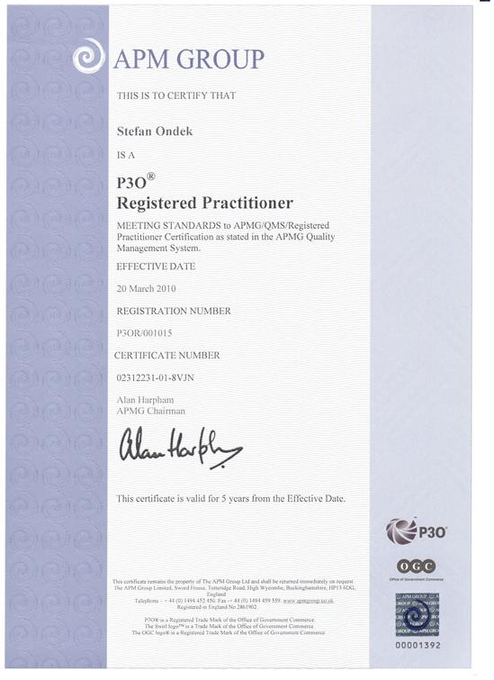 certifikát P3O - Portfolio, Programme & Project Offices Practitioner Štefan Ondek